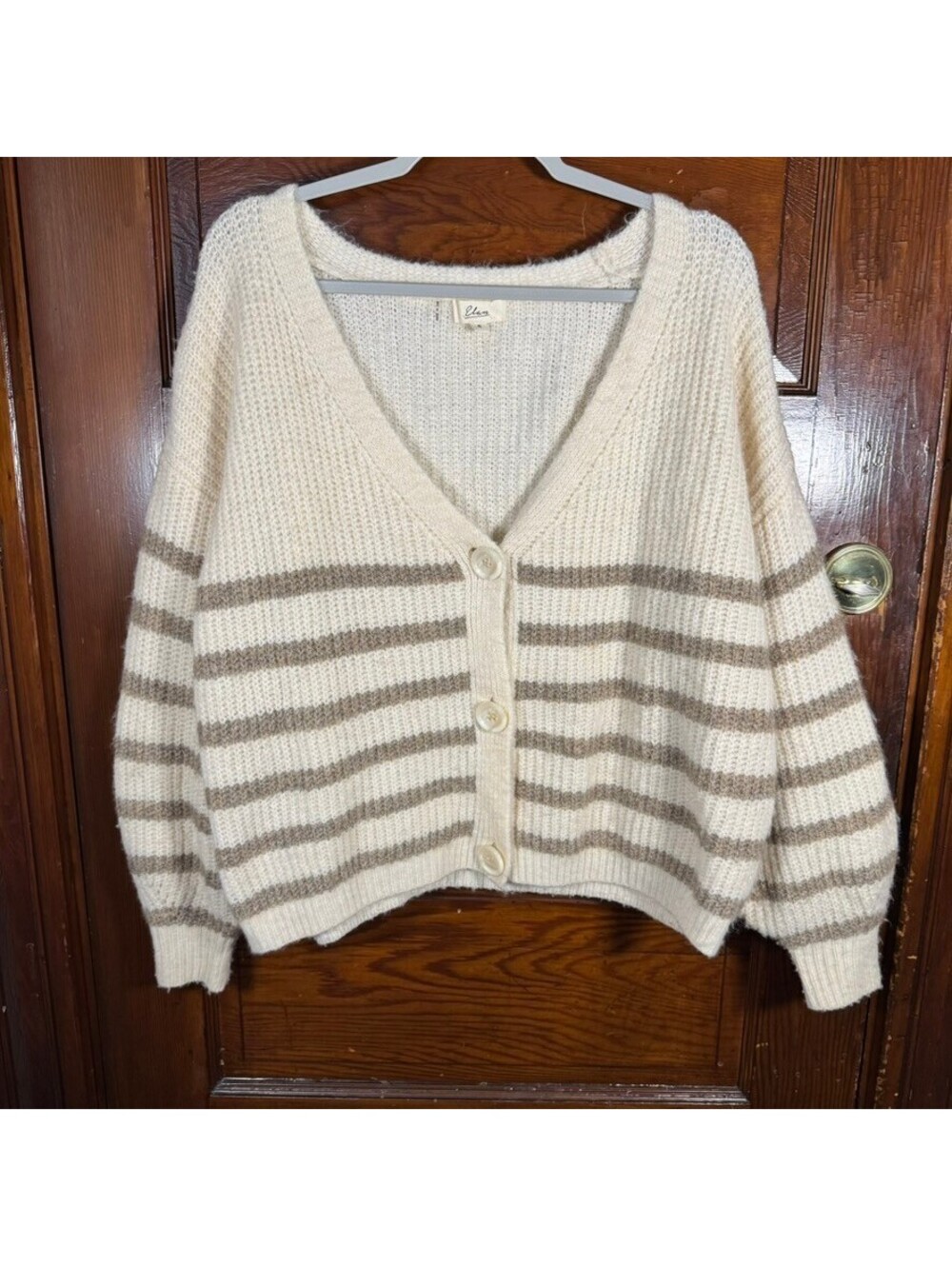 Elan Oversized Minimalist Cream and Brown Striped Cardigan Sweater Size Small